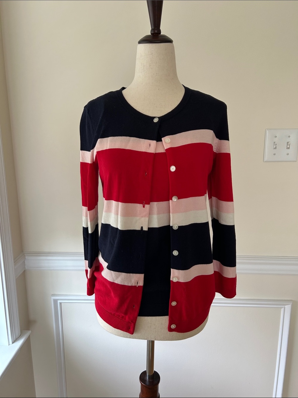 Talbots Navy Blue Sweater Set with Red and Light Pink Stripes